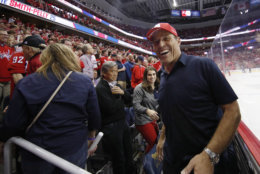 Author and entrepreneur Tony Robbins during the first intermission in Game 4 of the NHL hockey Stanley Cup Final between the Washington Capitals and the Vegas Golden Knights, Monday, June 4, 2018, in Washington. (AP Photo/Alex Brandon)