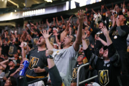 Fans cheer during a watch party for Game 4 of the NHL hockey Stanley Cup Final between the Washington Capitals and the Vegas Golden Knights, Monday, June 4, 2018, in Las Vegas. (AP Photo/John Locher)