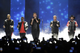 Kevin Richardson, Howie Dorough, Nick Carter, Brian Littrell, and AJ McLean of Backstreet Boys, perform "Don't go Breaking My Heart" at the CMT Music Awards at the Bridgestone Arena on Wednesday, June 6, 2018, in Nashville, Tenn. (AP Photo/Mark Humphrey)