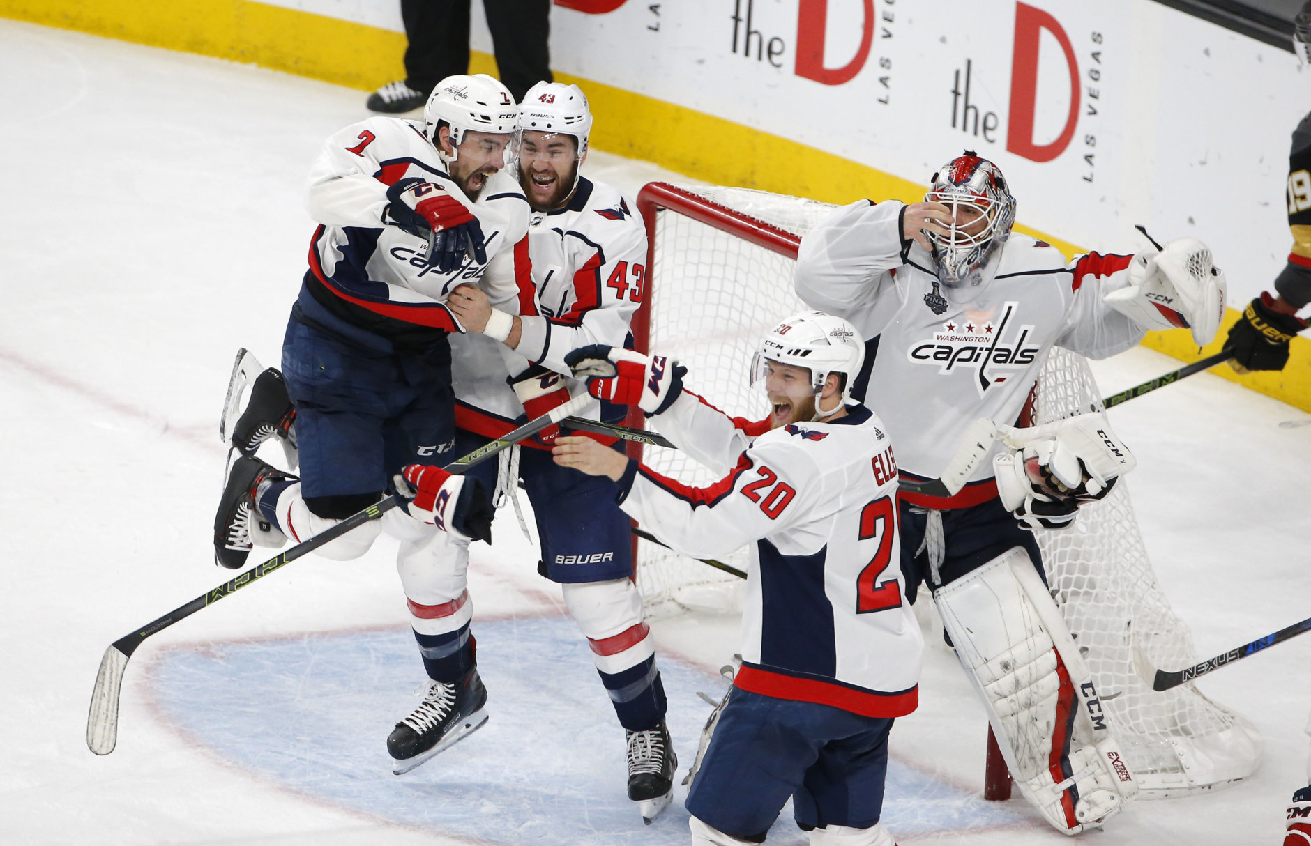 Members of the Washington Capitals celebrate as they defeat the Vegas Golden Knights in Game 5 of the NHL hockey Stanley Cup Finals to win the Stanley Cup Thursday, June 7, 2018, in Las Vegas. (AP Photo/Ross D. Franklin)