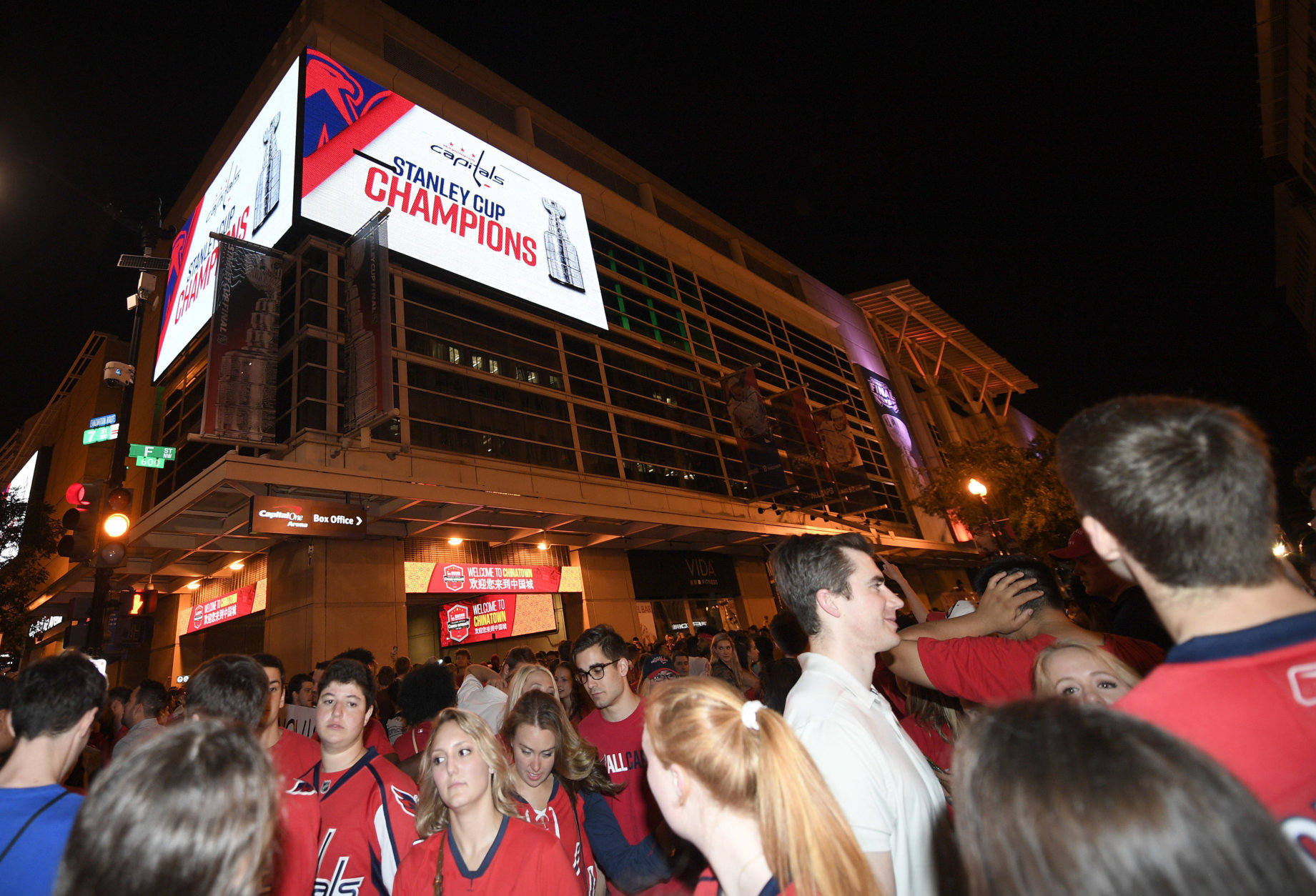Washington Capitals fans clog the streets outside Capital One Arena in Washington after Game 5 of the NHL hockey Stanley Cup Final between the Capitals and the Vegas Golden Knights in Las Vegas, Thursday, June 7, 2018. The Capitals won the Stanley Cup. (AP Photo/Nick Wass)