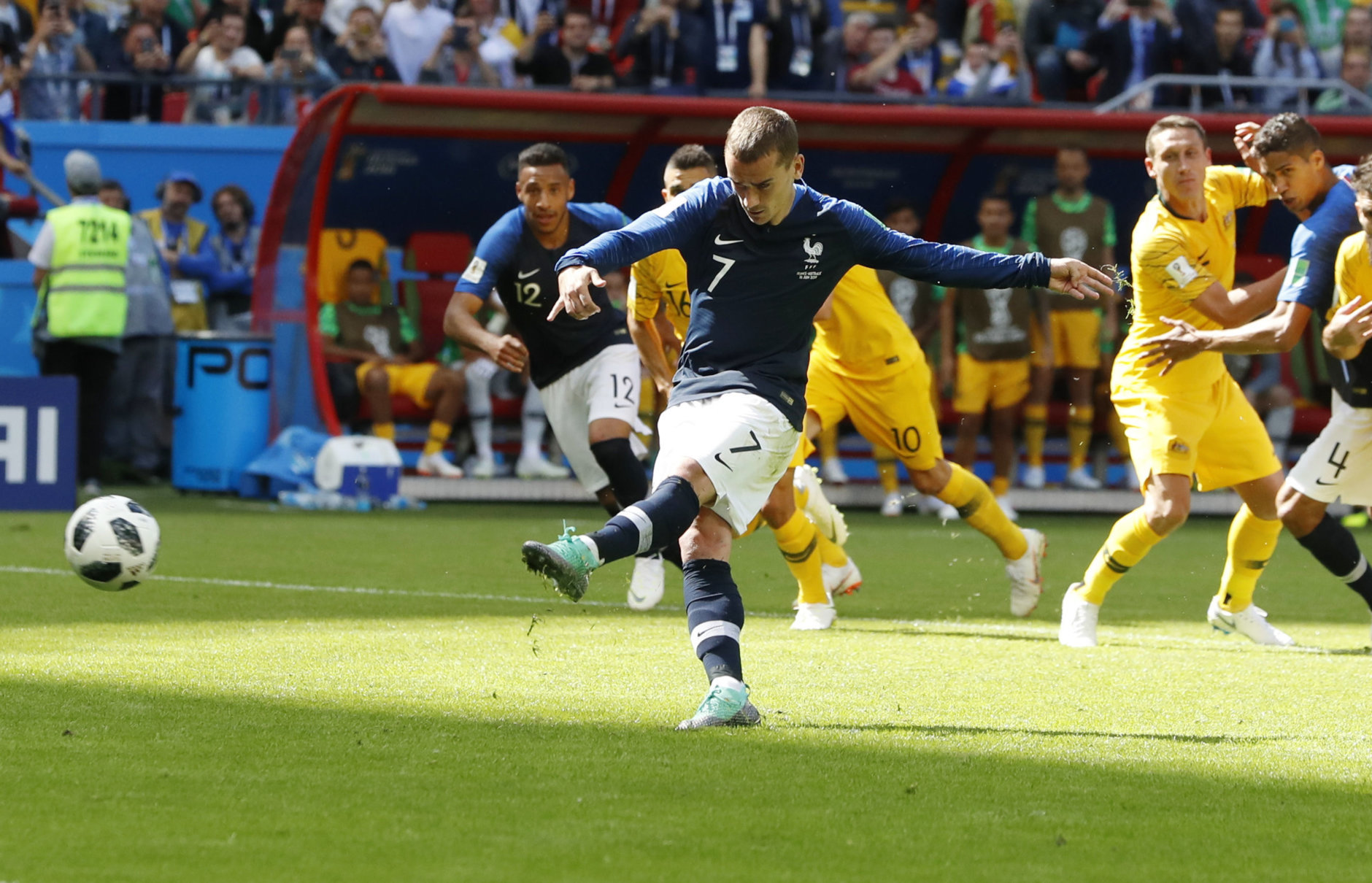 France's Antoine Griezmann scores the penalty goal during the group C match between France and Australia at the 2018 soccer World Cup in the Kazan Arena in Kazan, Russia, Saturday, June 16, 2018. (AP Photo/Darko Bandic)