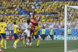 Sweden goalkeeper Robin Olsen makes a save during the group F match between Sweden and South Korea at the 2018 soccer World Cup in the Nizhny Novgorod stadium in Nizhny Novgorod, Russia, Monday, June 18, 2018. (AP Photo/Petr David Josek)