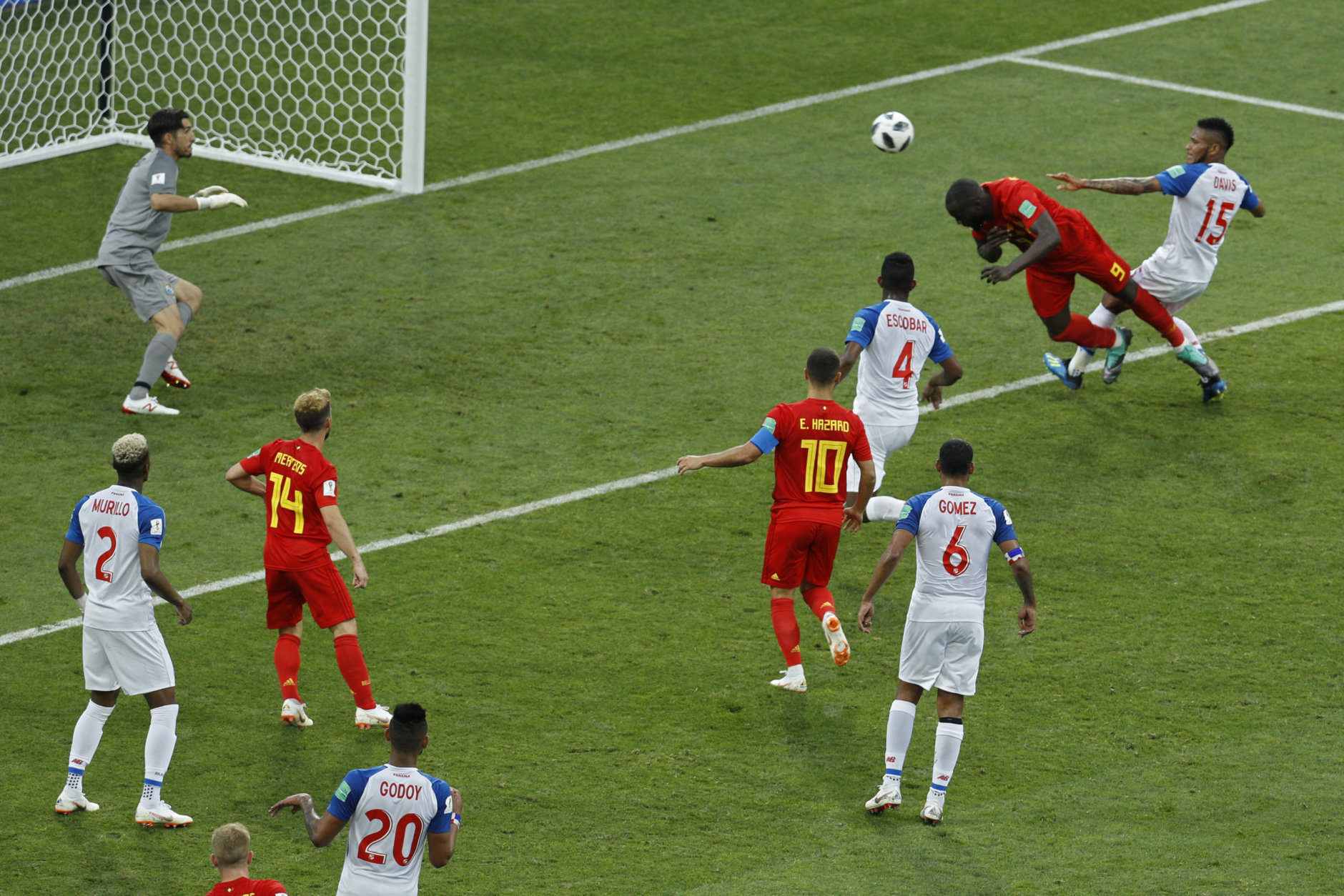 Belgium's Romelu Lukaku, top second right, heads the ball to score his side's second goal during the group G match between Belgium and Panama at the 2018 soccer World Cup in the Fisht Stadium in Sochi, Russia, Monday, June 18, 2018. (AP Photo/Victor R. Caivano)