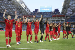 Belgium's team celebrates after winning the group G match between Belgium and Panama at the 2018 soccer World Cup in the Fisht Stadium in Sochi, Russia, Monday, June 18, 2018. Belgium won 3-0. (AP Photo/Matthias Schrader)