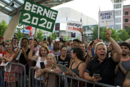 Supporters of Democrat Ben Jealous and Sen. Bernie Sanders, I-Vt. cheer during a gubernatorial campaign rally in Maryland's Democratic primary at downtown Silver Spring, Md., Monday, June 18, 2018. (AP Photo/Jose Luis Magana)