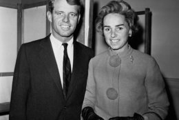 Robert F. Kennedy, brother of Sen. John F. Kennedy, is shown with his wife, Ethel, as they arrived to vote in the town of Barnstable, Mass., Nov. 8, 1960. (AP Photo)