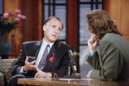 Democratic presidential hopeful Jerry Brown tells why he should be elected to talk show host Dennis Miller during taping of The Dennis Miller Show in Los Angeles, Monday, May 2, 1992. The California primary is Tuesday. (AP Photo/Douglas C. Pizac)