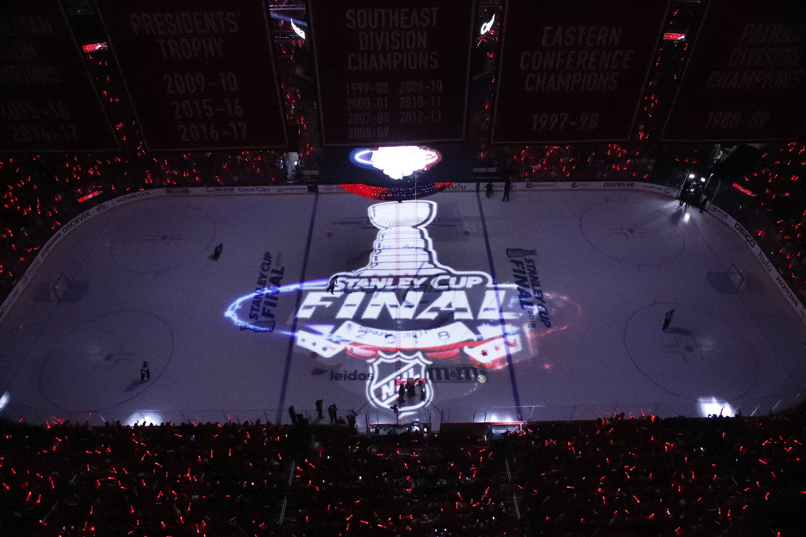 The logo for the Stanley Cup Final series is projected on the ice before Game 3 of the NHL hockey Stanley Cup Final between the Washington Capitals and the Vegas Golden Knights, Saturday, June 2, 2018, in Washington. (AP Photo/Alex Brandon)