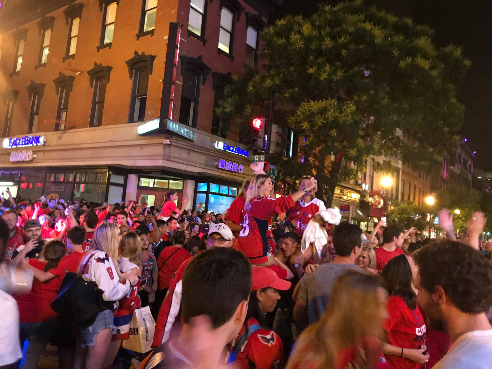 Scenes of joy outside the Capital One Arena after the Caps secured the win in Game 3 and took a 2-1 series lead against the Las Vegas Golden Knights. (WTOP/Dick Uliano)
