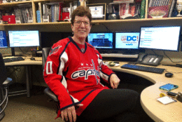 WTOP editor Judy Taub is sporting her Caps jersey at work Thursday ahead of Game 5. (Valerie Bonk/WTOP)