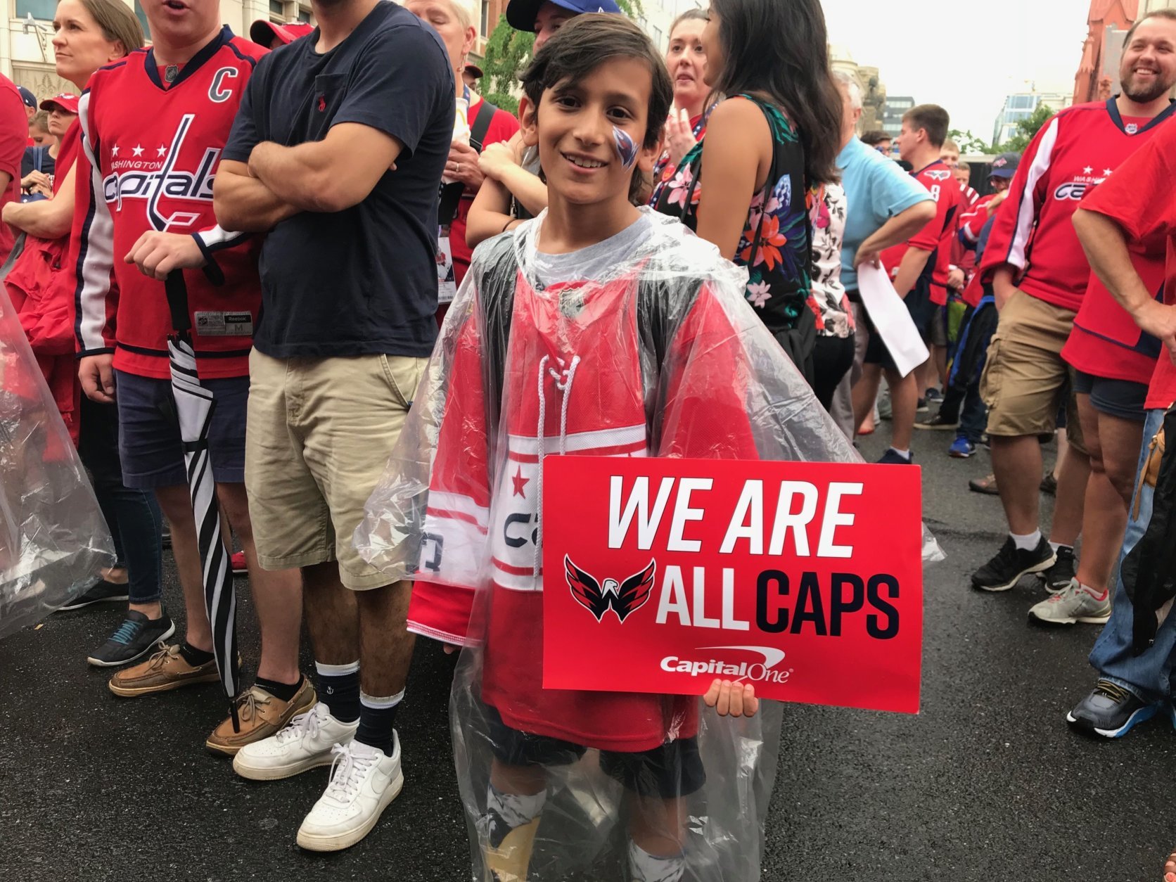 A Caps fans braves the rainy weather before Game 3 between the Washington Capitals and the Vegas Golden Knights on Saturday, June 2, 2018.(WTOP/Dick Uliano)