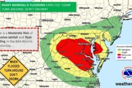 The National Weather Service tweeted this photo around 11 a.m. on Saturday morning warning about the moderate risk of flash flooding in the Mid-Atlantic. (Courtesy National Weather Service)