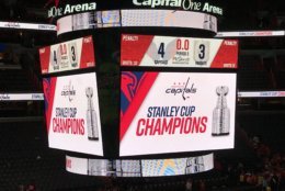 The screens at Capital One Arena in Washington, D.C. announced the win. (WTOP/Michelle Basch)