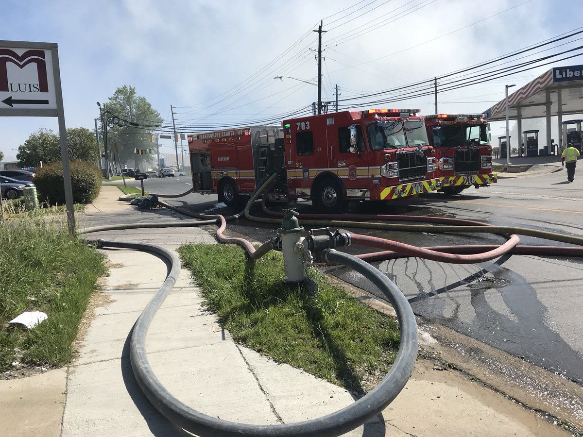 Roads are closed in the area while firefighters put out the blaze, so evening commutes may be affected near East Gude Drive and Southlawn Lane, the location of the plant. (Courtesy Pete Piringer via Twitter)