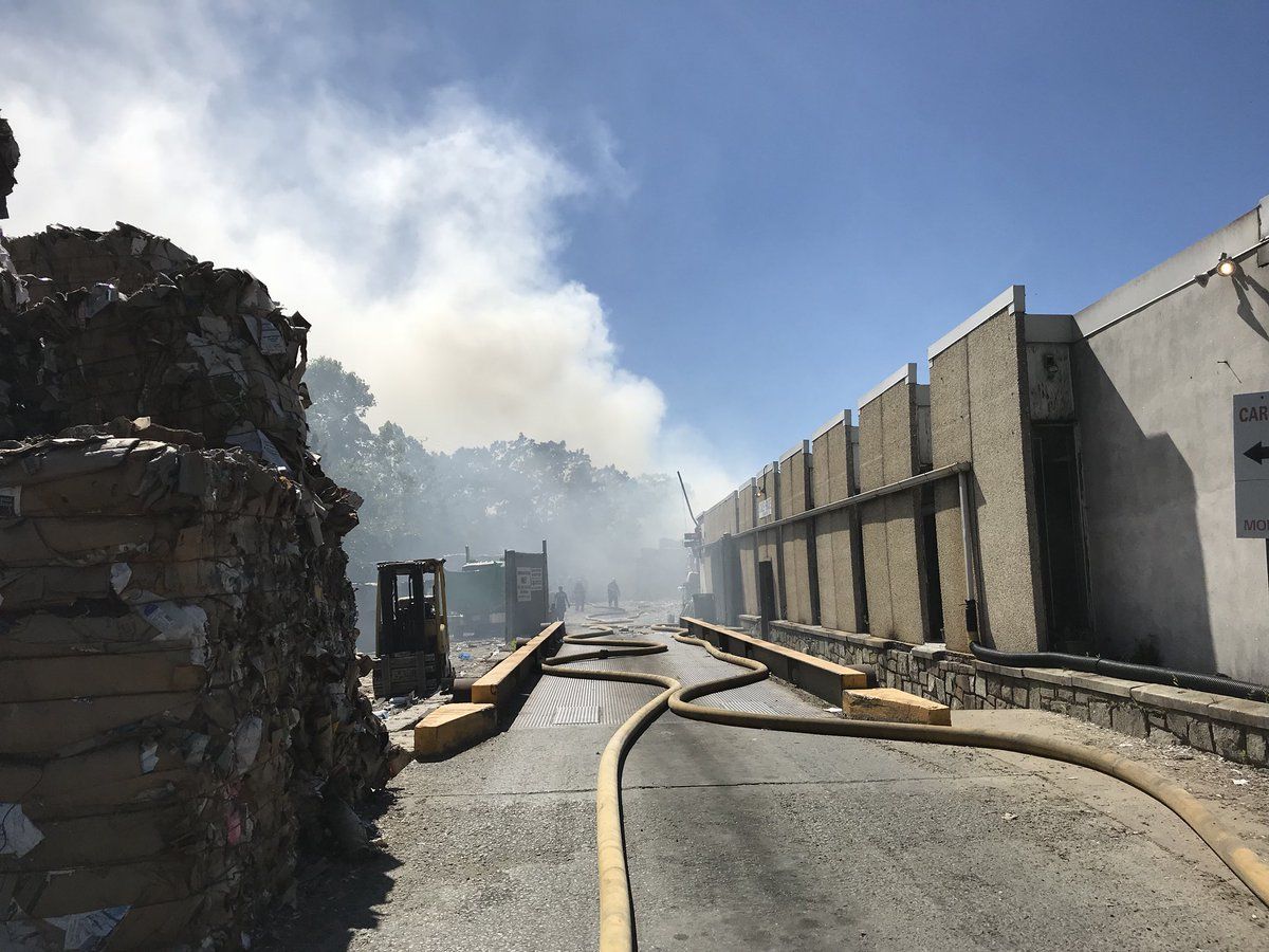 Spokesperson Pete Piringer said when Montgomery County Fire & Rescue responded to the fire at the plant, they found two large piles of compacted cardboard ablaze. (Courtesy Pete Piringer via Twitter)