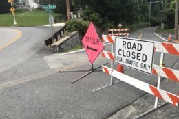 New Cut Road remains closed, but drivers approaching Ellicott City from the east can take Main Street to Maryland Avenue, then College Avenue as a commuting cut-through. (WTOP/Neal Augenstein)