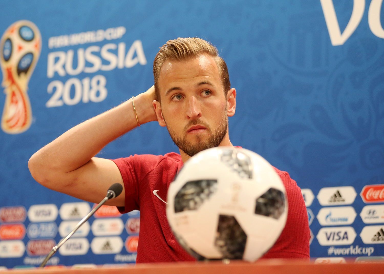 SAINT PETERSBURG, RUSSIA - JUNE 17:  Harry Kane of England looks on during the England press conference ahead of the 2018 FIFA World Cup match against Tunisia at Volgograd Arena on June 17, 2018 in Volgograd, Russia.  (Photo by Alex Morton/Getty Images)