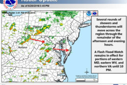 The National Weather Service said several rounds of showers and thunderstorms will move across much of the D.C. area throughout Wednesday afternoon and evening. Some of the storms could wind up being severe. (Courtesy National Weather Service)