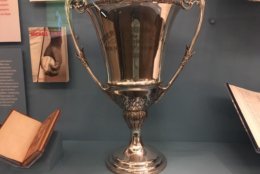 There are some unique items on display, including this trophy paid for by Senators fans and given to Roger Peckinpaugh after he won the American League MVP in 1925, back before the league awarded any physical totem. (WTOP/Noah Frank)