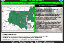 Starting at 2 p.m., a flash flood watch will be in effect for most of the D.C. area. (Courtesy National Weather Service)