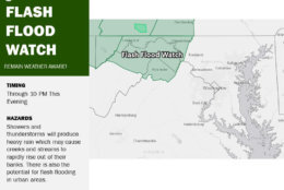 Just outside of the D.C. area, a flash flood watch is in effect through 10 p.m. for portions of eastern West Virginia, Western Maryland and Northern Virginia. (Courtesy National Weather Service)
