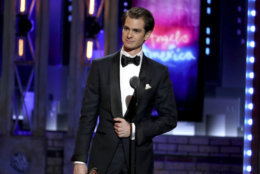 Andrew Garfield accepts the award for best leading actor in a play for "Angels in America" at the 72nd annual Tony Awards at Radio City Music Hall on Sunday, June 10, 2018, in New York. (Photo by Michael Zorn/Invision/AP)