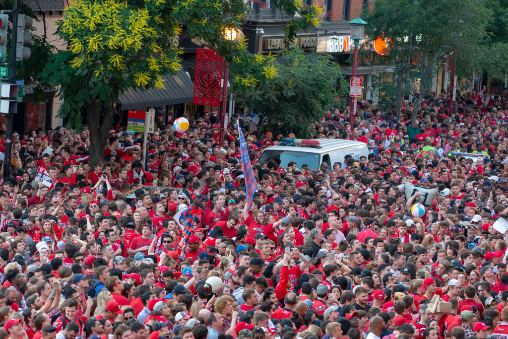 WASHINGTON, DC - JUNE 07: Washington Capitals pack 7th street outside the Capitol One Area on June 7, 2018 in Washington, DC. The Washington Capitals head into Game 5 tonight against the Las Vegas Golden Knights with a  3-1 series lead. (Photo by Alex Edelman/Getty Images)