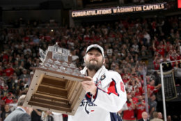 LAS VEGAS, NV - JUNE 07:  Alex Ovechkin #8 of the Washington Capitals skates with the Conn Smythe Trophy after his team defeats the Vegas Golden Knights 4-3 in Game Five of the 2018 NHL Stanley Cup Final at T-Mobile Arena on June 7, 2018 in Las Vegas, Nevada.  (Photo by Bruce Bennett/Getty Images) *** Local Caption *** Alex Ovechkin