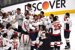 LAS VEGAS, NV - JUNE 07:  The Washington Capitals celebrate their 4-3 win over the Vegas Golden Knights to win the Stanley Cup in Game Five of the 2018 NHL Stanley Cup Final at T-Mobile Arena on June 7, 2018 in Las Vegas, Nevada.  (Photo by Ethan Miller/Getty Images)