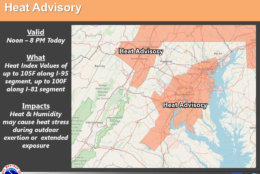 The National Weather Service has issued a heat advisory for the D.C. area starting at noon until 8 p.m. Heat indexes could get as high as 105 degrees. (Courtesy National Weather Service)