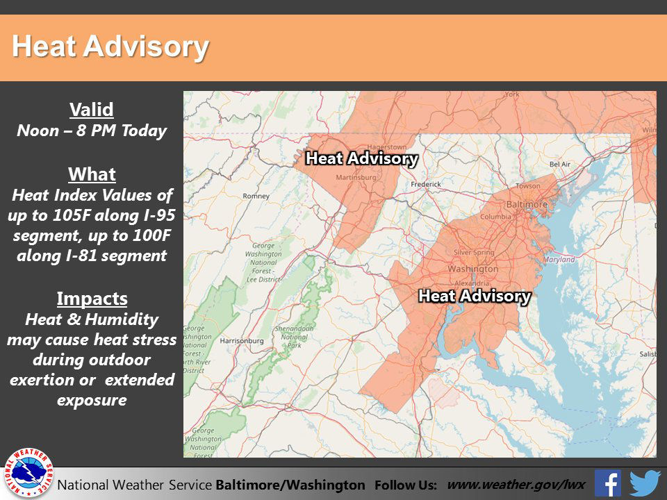 The National Weather Service has issued a heat advisory for the D.C. area starting at noon until 8 p.m. Heat indexes could get as high as 105 degrees. (Courtesy National Weather Service)