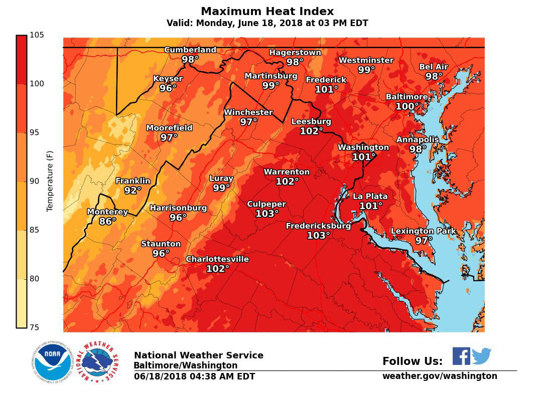 Most of the D.C. area will be dealing with heat index values reaching the upper 90s to low 100s on Monday, June 18. Temperatures this high can lead to dangerous health problems. (Courtesy National Weather Service)