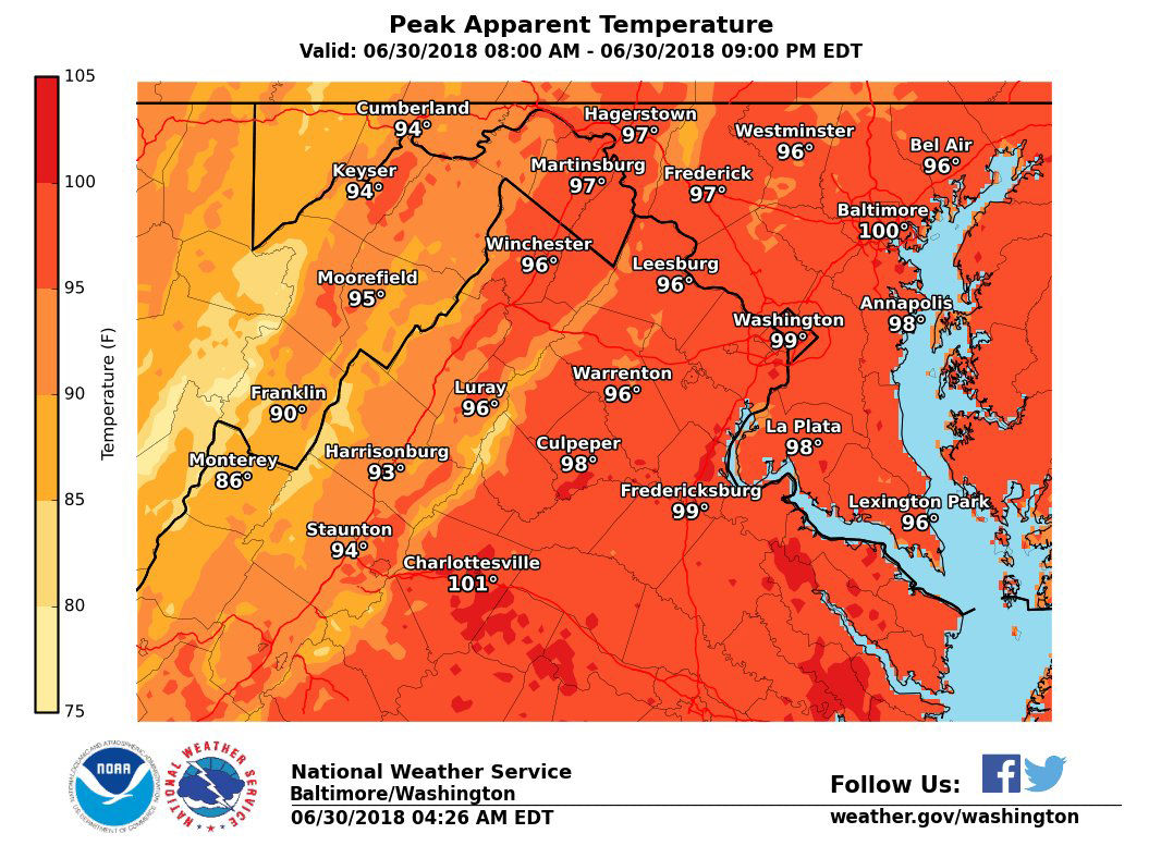The heat index could top 100 degrees in some areas on Saturday. (Courtesy the National Weather Service)