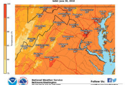 Temperatures are expected to be in the upper 90s for parts of the D.C. area on Saturday and the heat index could top 100 degrees in some parts. The National Weather Service said Saturday might not even be the worst part of this heat wave, which could be Sunday or Monday. (Courtesy National Weather Service)