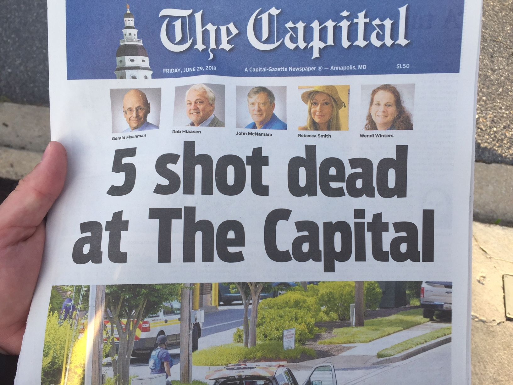 The front page of the Capital Gazette the morning after the shooting at the newsroom. (WTOP/John Domen) 