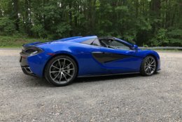 The 570S Spider has a hard retractable top, but other than that, it’s back road or racetrack ready. Hit the start button and twin turbo V8 fires and snarls with a nice loud bark before settling into a more hushed idle. (WTOP/Mike Parris)