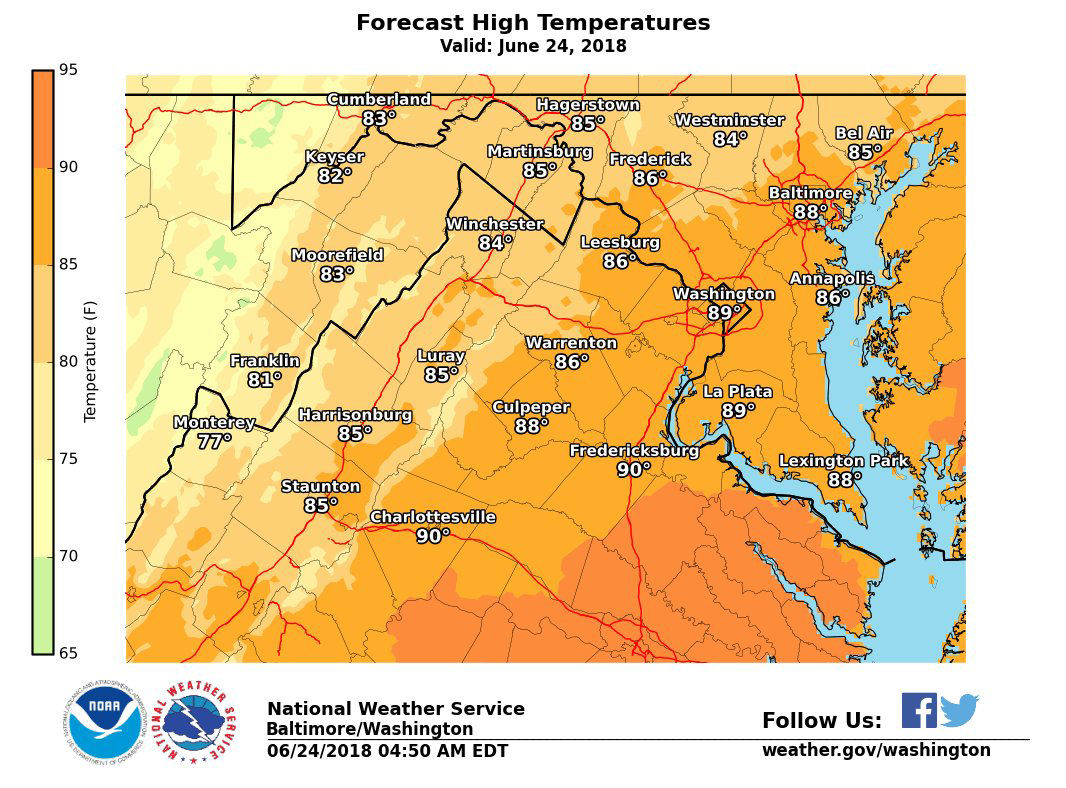 Sunday will be warm and humid with scattered showers and thunderstorms in the afternoon and evening. (Courtesy National Weather Service)