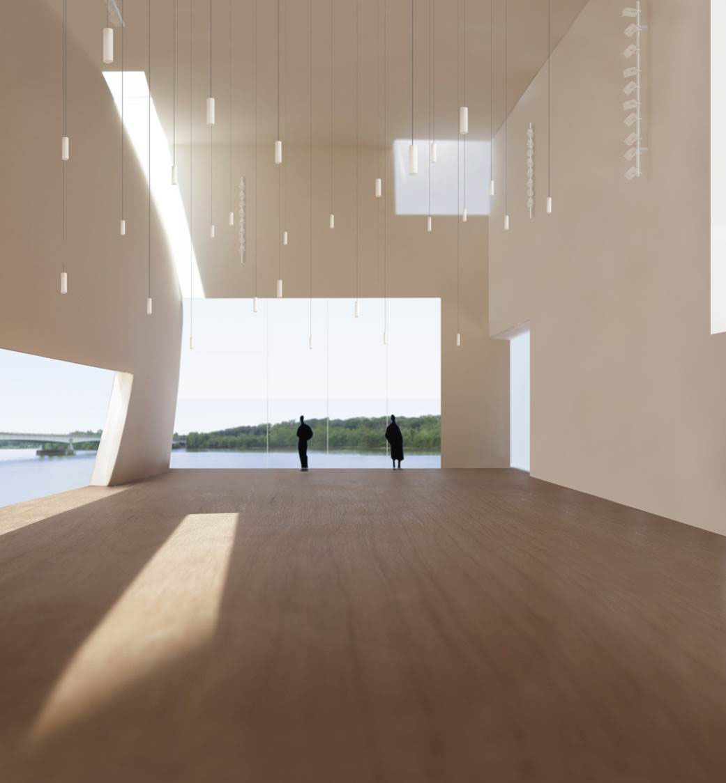 A view inside the planned Skylight Pavilion, which will be home to a welcoming space with views of the Potomac River. (Courtesy Steven Holl Architects via the Kennedy Center)