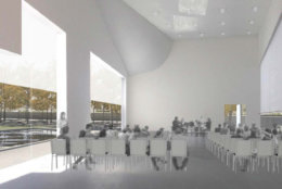 A view inside the planned River Pavilion, which the Kennedy Center can be used as a cafe setting or a performance space. (Courtesy Steven Holl Architects via the Kennedy Center)