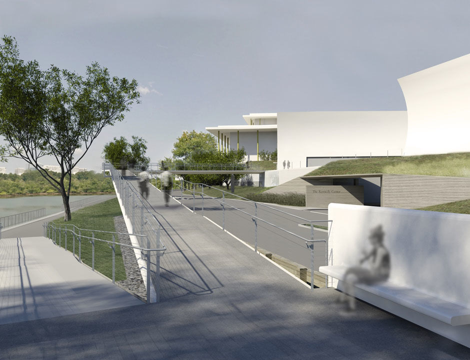 Among many other access points, a pedestrian bridge will connect the Kennedy Center directly to Rock Creek Recreation Trail, effectively linking all the major presidential memorials in D.C. (Courtesy Steven Holl Architects via the Kennedy Center)