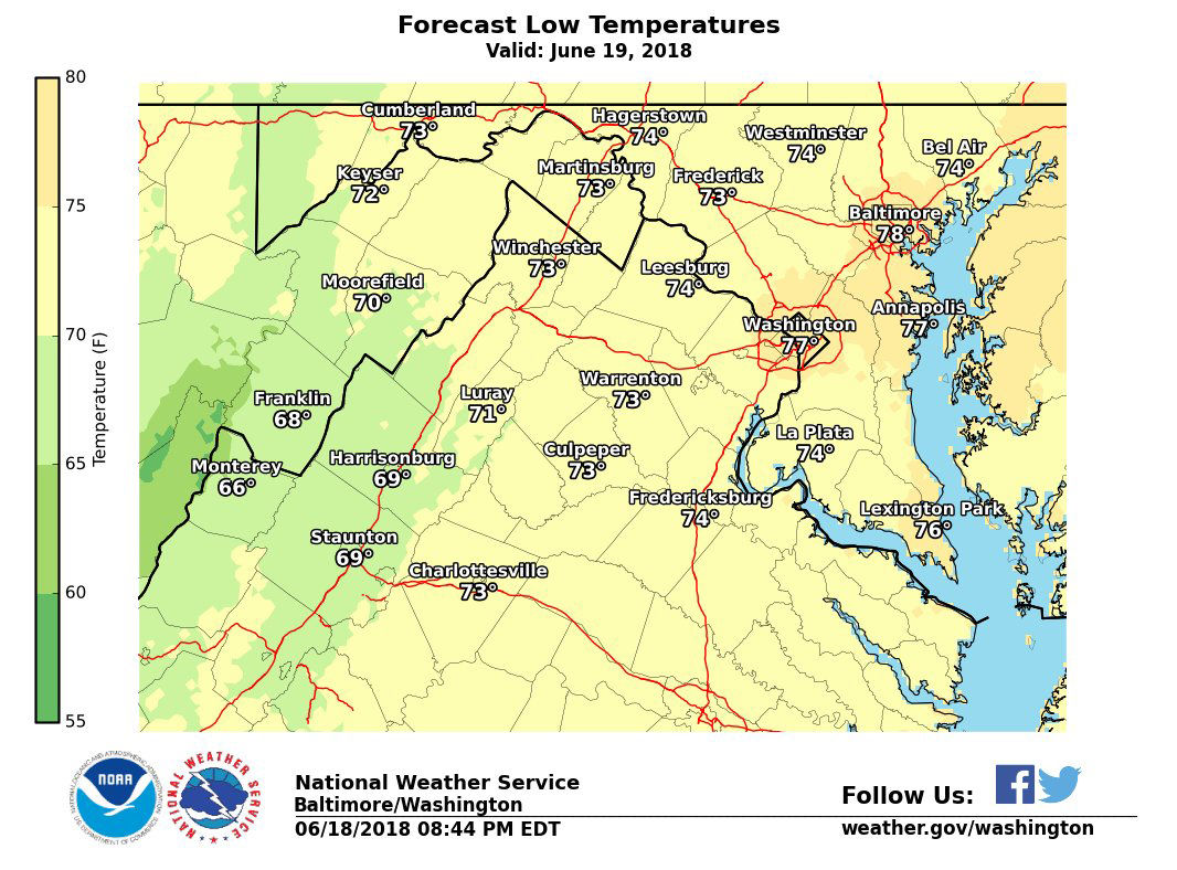 Tuesday is shaping up to be another hot and muggy day, some parts of the D.C. area will see lows that are still in the high 70s. Showers and thunderstorms, some of which could be severe with heavy rainfall, are also expected on Tuesday afternoon. (Courtesy National Weather Service)