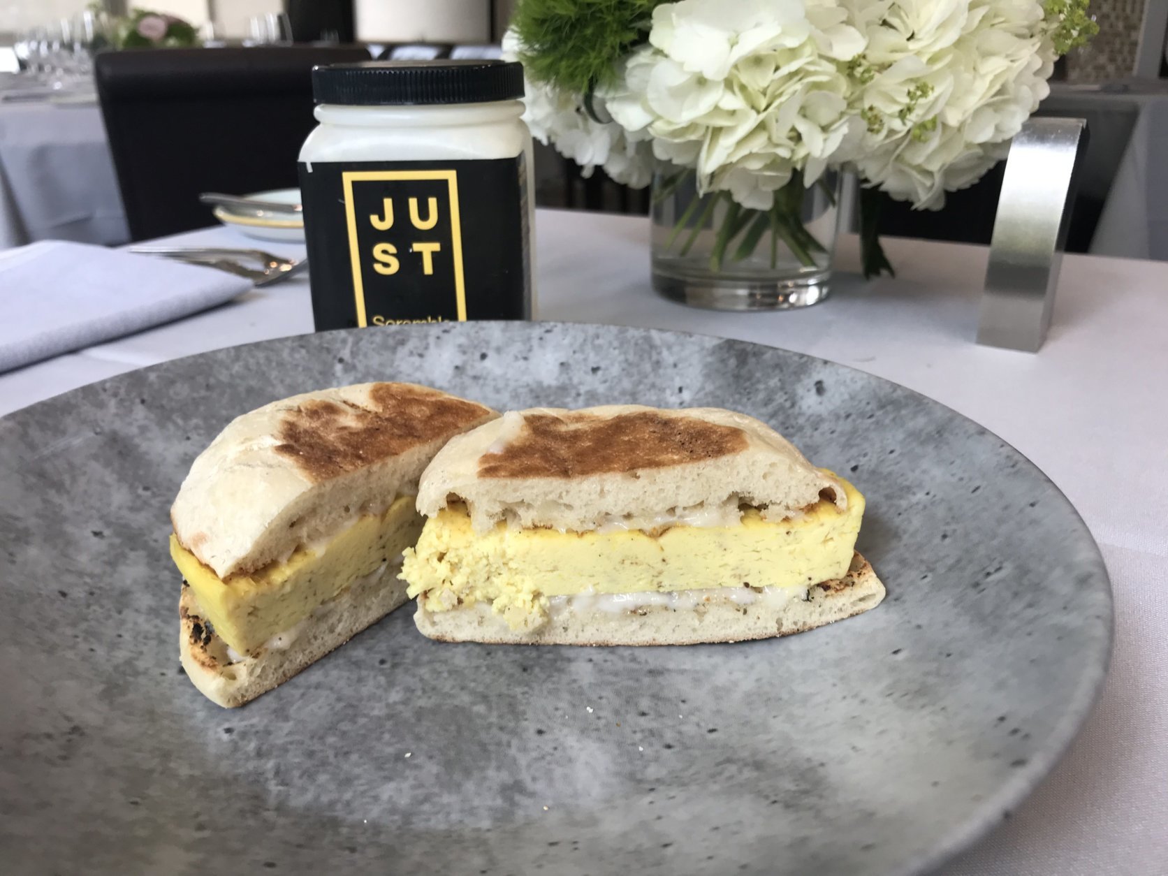 Just Egg looks like egg, tastes like egg and scrambles like egg, but it isn't egg. The plant-based product is made from mung bean and is the latest animal-free alternative to hit the market. (WTOP/Rachel Nania)