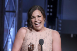 Lindsay Mendez accepts the award for best performance by an actress in a featured role in a musical for "Rodgers &amp; Hammerstein's Carousel" at the 72nd annual Tony Awards at Radio City Music Hall on Sunday, June 10, 2018, in New York. (Photo by Michael Zorn/Invision/AP)