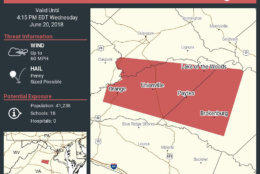 In Central Virginia, the National Weather Service has issued a severe thunderstorm warning for portions of Orange County until 4:15 p.m. (Courtesy National Weather Service)