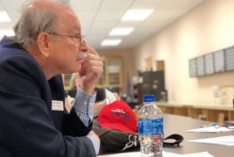 Alan Banov, an elections board member, rocks the red while attending s briefing on election security at the Montgomery County Board of Elections. (WTOP/Kate Ryan)