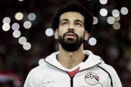 Egypt's Mohamed Salah sings the national anthem before the 2018 World Cup group E qualifying soccer match between Egypt and Congo at the Borg El Arab Stadium in Alexandria, Egypt, Sunday, Oct. 8, 2017. Egypt won 2-1. (AP Photo/Nariman El-Mofty)