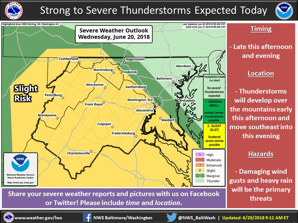 Much of the D.C. area faces only a slight risk of strong to severe thunderstorms, however heavy rain and strong to severe wind is possible. (Courtesy National Weather Service)