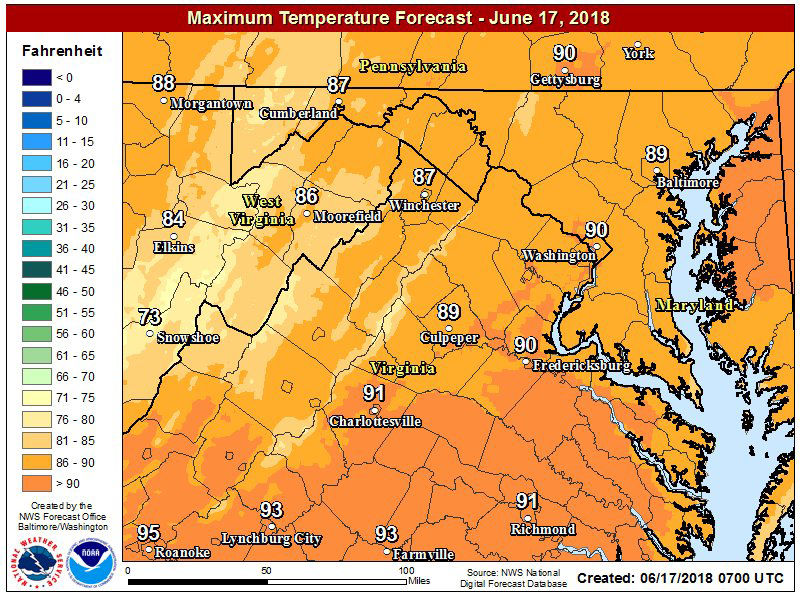 Temperatures will reach the upper 80s in most places in the D.C. area. Scattered to isolated showers and thunderstorms are possible on Sunday afternoon and Sunday evening. (Courtesy National Weather Service)