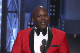 Tituss Burgess presents the award for featured actress in a musical at the 72nd annual Tony Awards at Radio City Music Hall on Sunday, June 10, 2018, in New York. (Photo by Michael Zorn/Invision/AP)